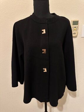 Carolyn Taylor black cardigan Geometric Buttons 3/4-sleeve with Gold Accents XL